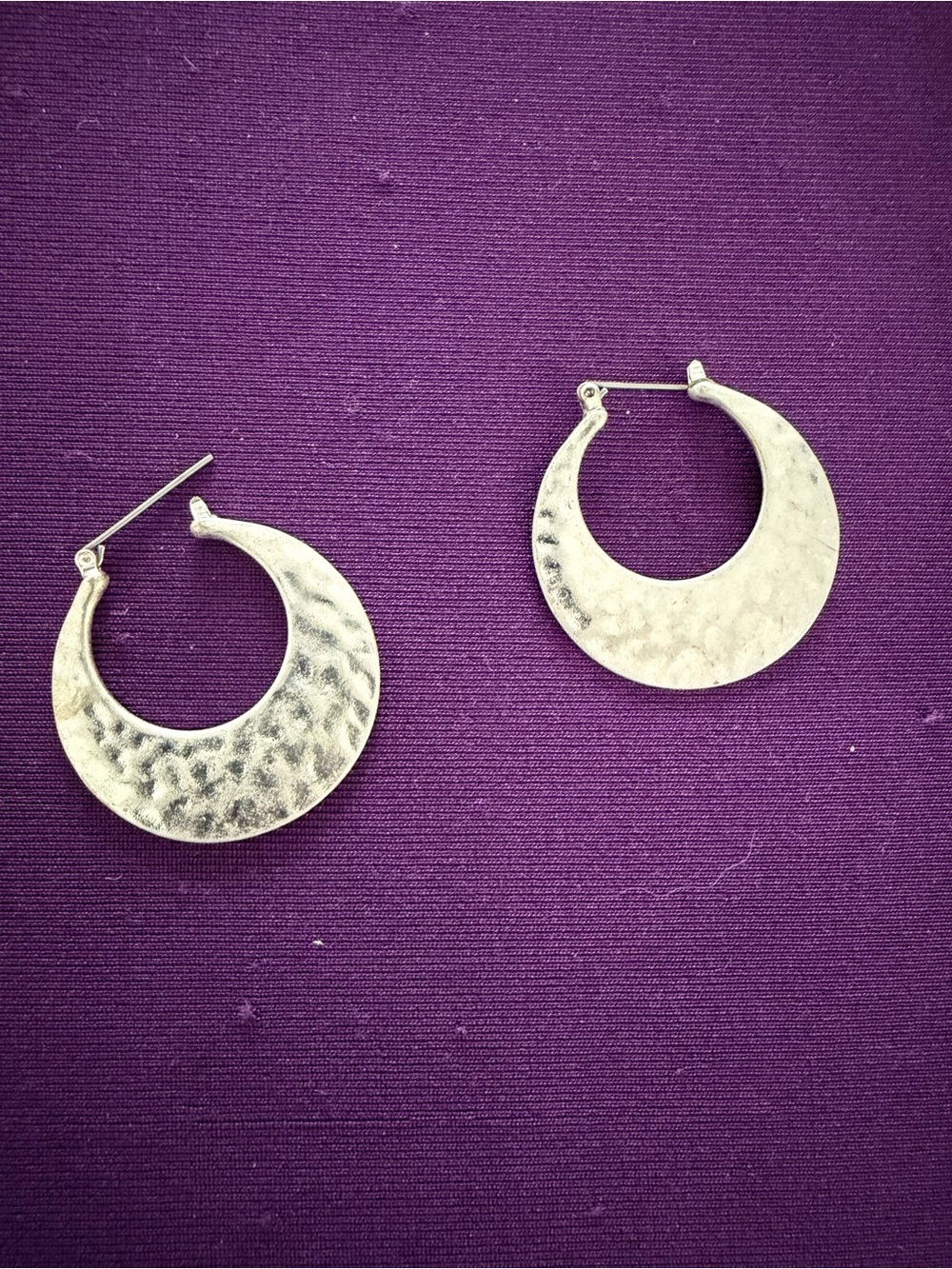 Hammered Crescent Hoop Earrings - Silver Tone